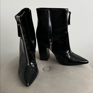Guess Black Patent Leather Pointed Toe Block Heel Ankle Boots